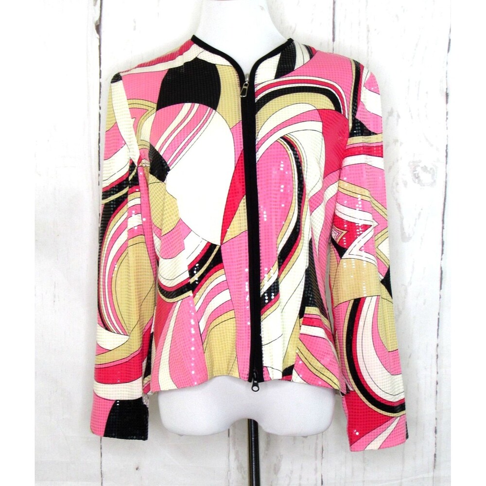 Vintage Joseph Ribkoff Sequin Jacket Sz 12 Zip Up Multicolor Abstract 80's Retro